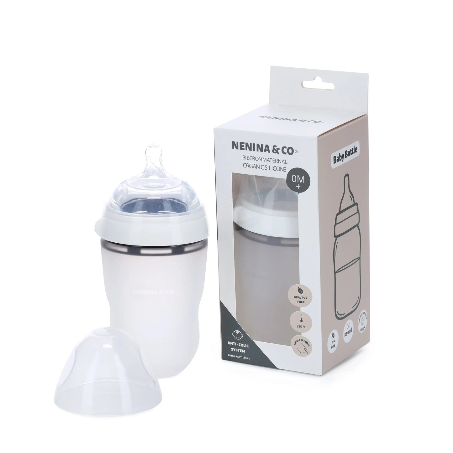 Pack Biberon Blanco flujo lento + Chupete Clásico + 2 Chupeteros de algodon orgánico Nenina & Co