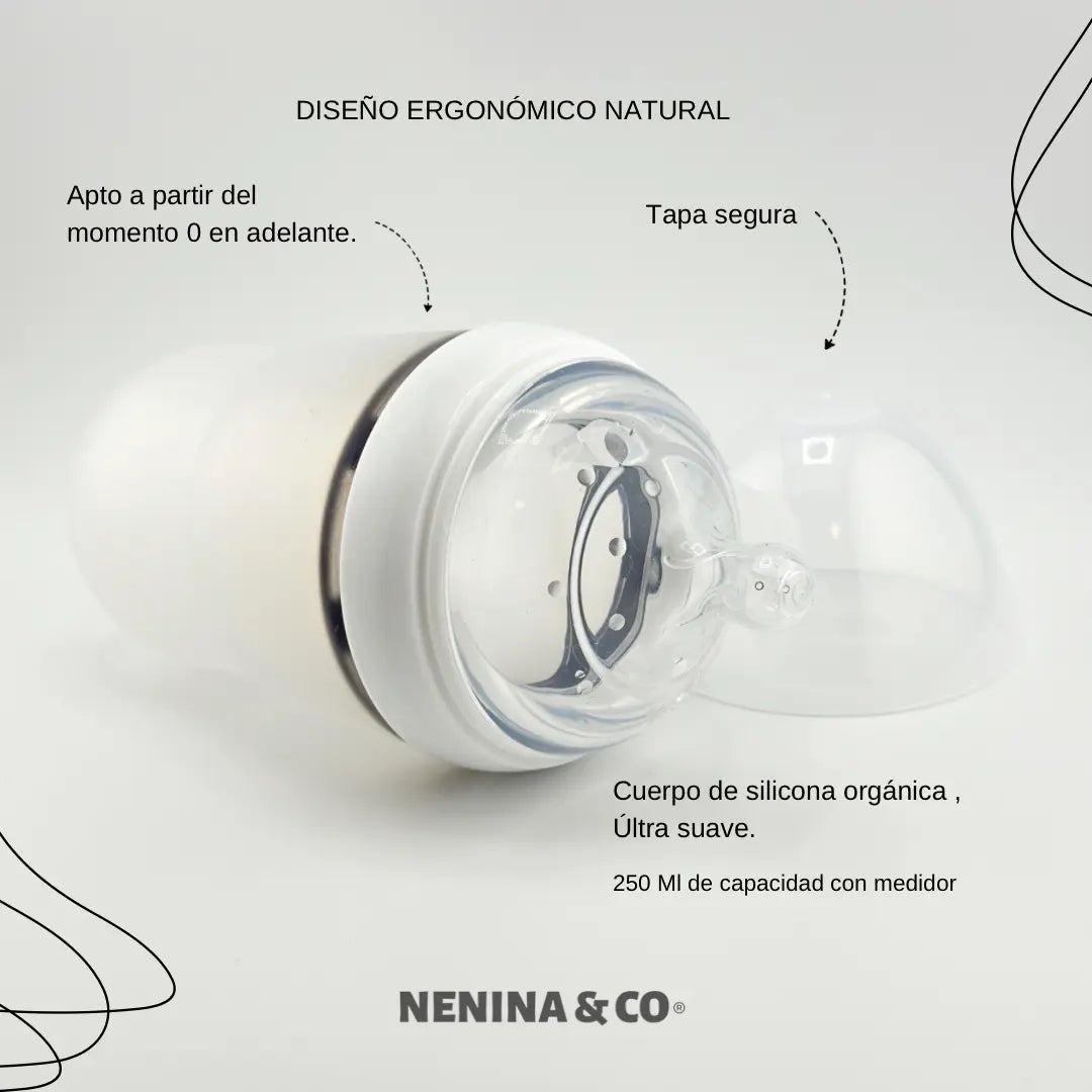 Pack Biberon Blanco flujo lento + Chupete Clásico + 2 Chupeteros de algodon orgánico Nenina & Co