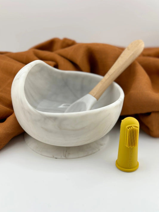 Cuenco + Cuchara + Cepillo de Silicona Organica y Bamboo Ecológico