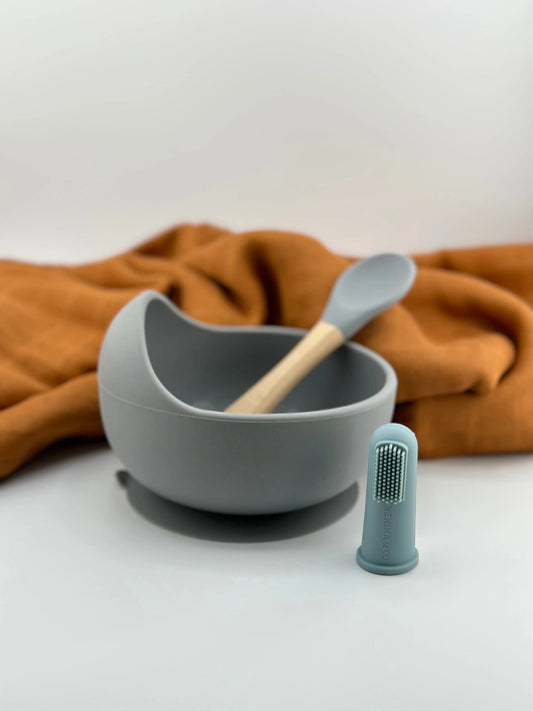 Cuenco + Cuchara + Cepillo de Silicona Organica y Bamboo Ecológico