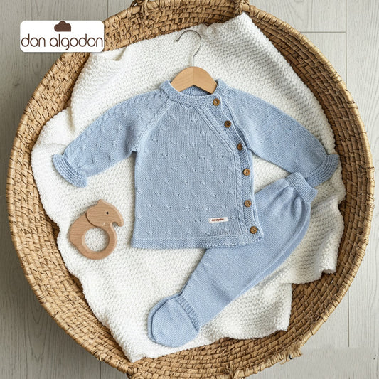 Conjunto bebé punto perlé azul 2 piezas jersey + polaina DA-25 DON ALGODÓN