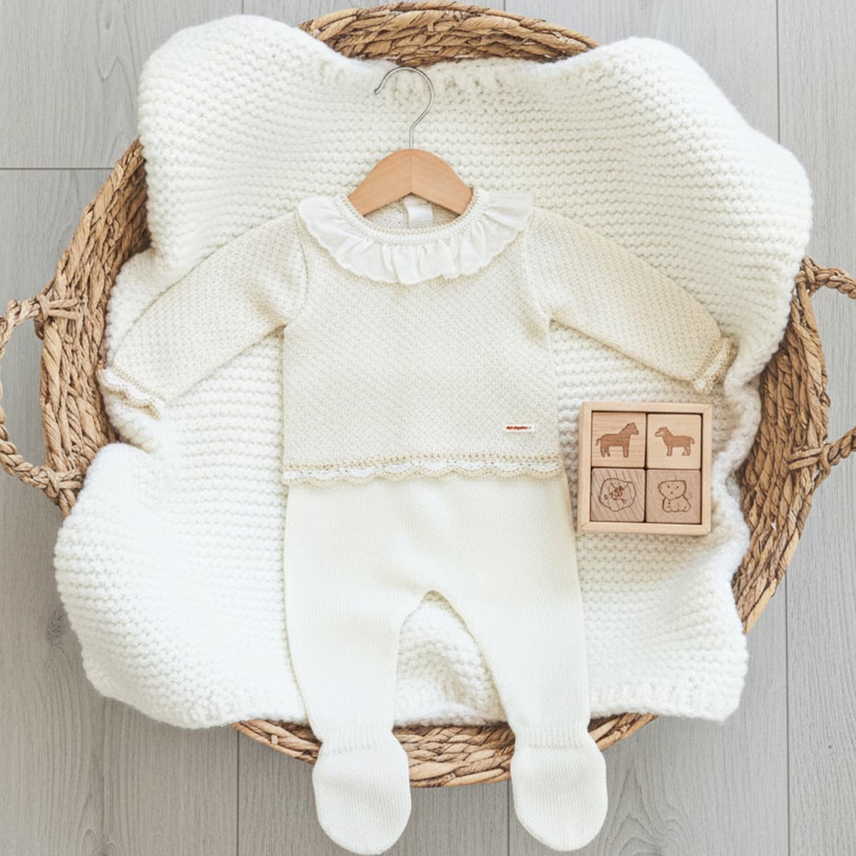 Conjunto de punto perlé para bebé – Crudo | Don Algodón DA-9800 (0 a 6 meses)