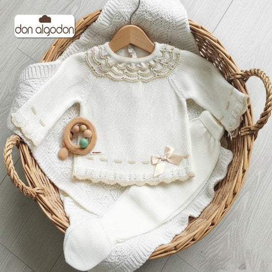 Conjunto de punto perlé para bebé – Crudo | Don Algodón DA-9807 (0 a 3 meses)