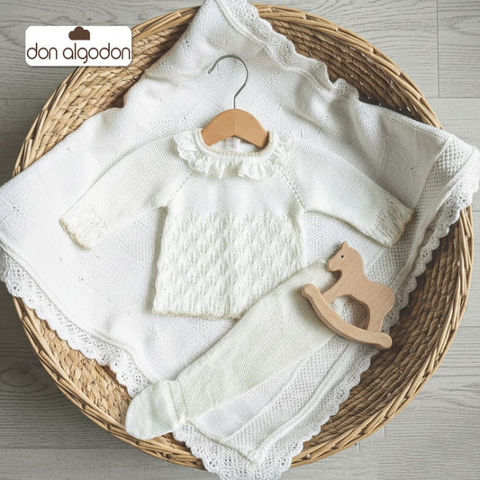 Conjunto de punto perlé para bebé – Crudo | Don Algodón DA-9809 (00 a 6 meses)