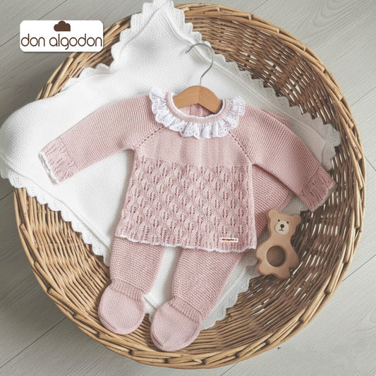 Conjunto de punto perlé para bebé – Maquillaje | Don Algodón DA-9809 (00 a 6 meses)