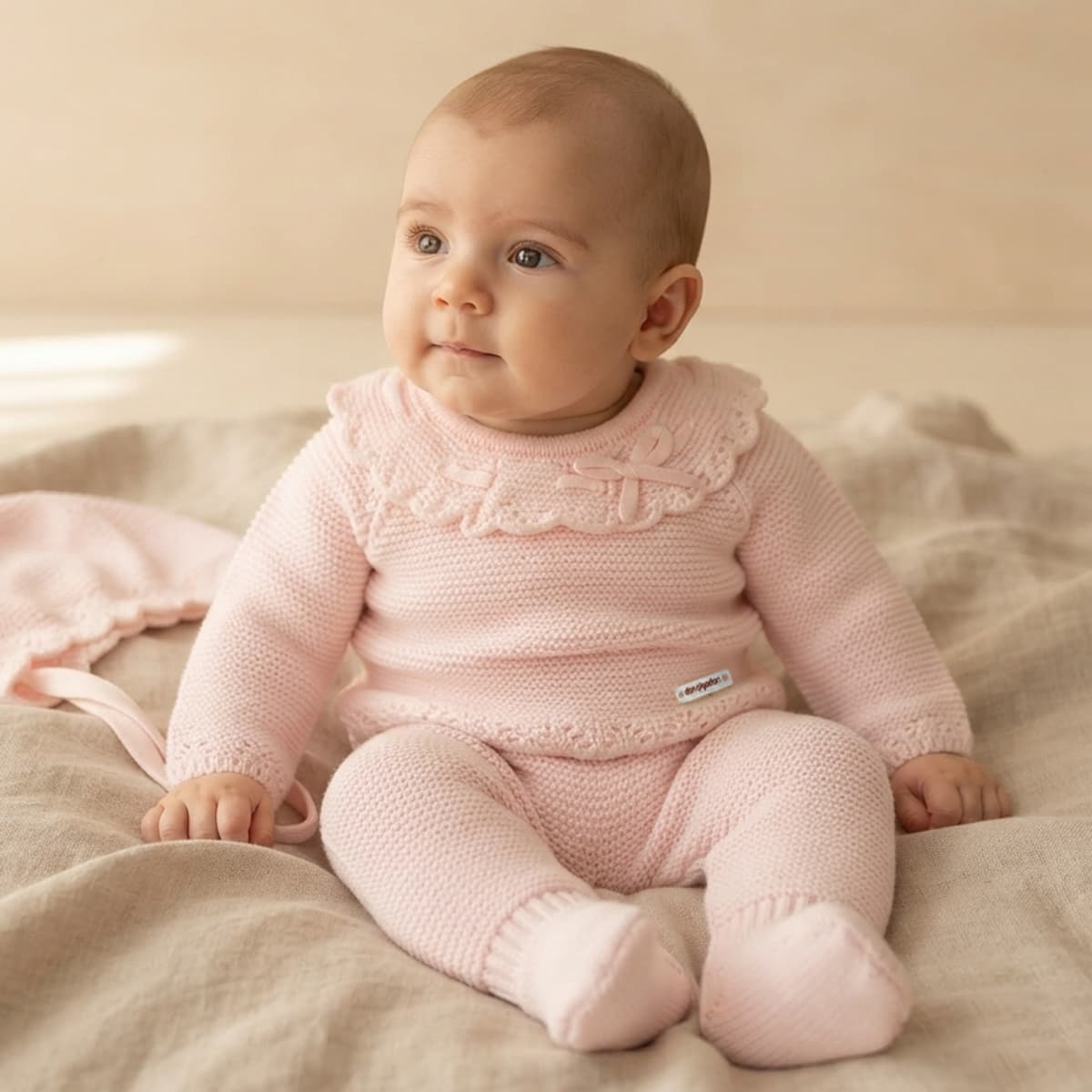 Conjunto de primera puesta de tres piezas en punto bobo don algodón Referencia DAB-16G - Fabricado en España