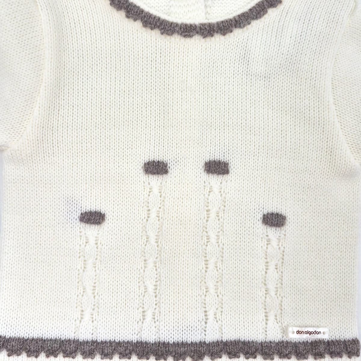 Conjunto de tres piezas para bebé en punto bobo crudo y topo con gorro, jersey y polaina Don Algodón DAB-40600G - Fabricado en España