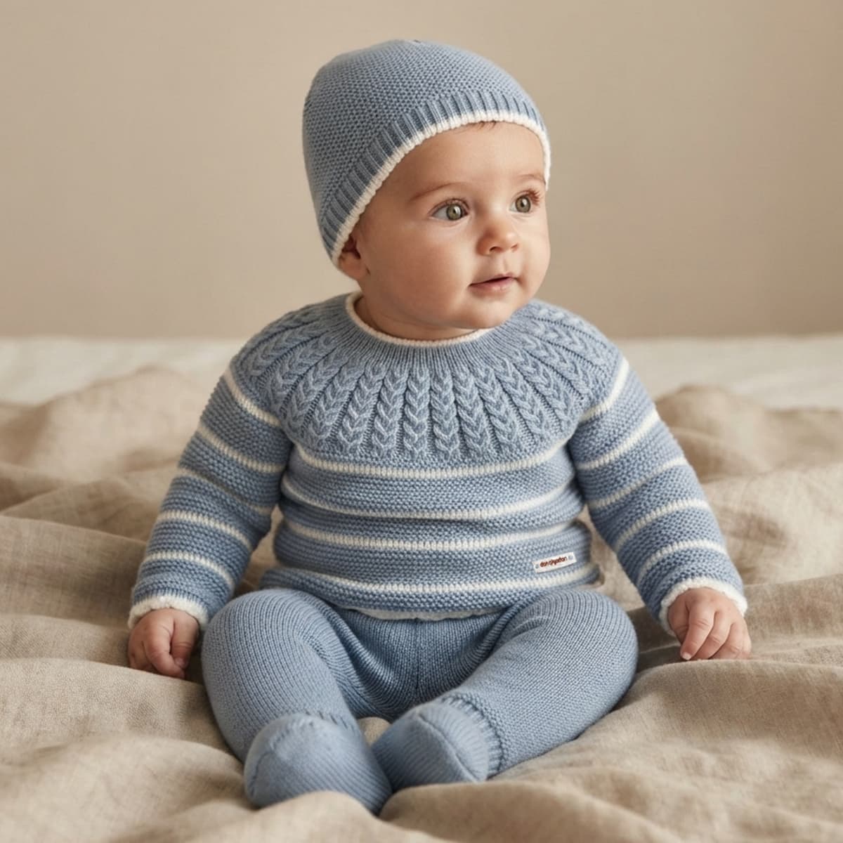 Conjunto de primera puesta de tres piezas en punto bobo azul y blanco con cuello trenzado don algodón Referencia DAB-43G - Fabricado en España