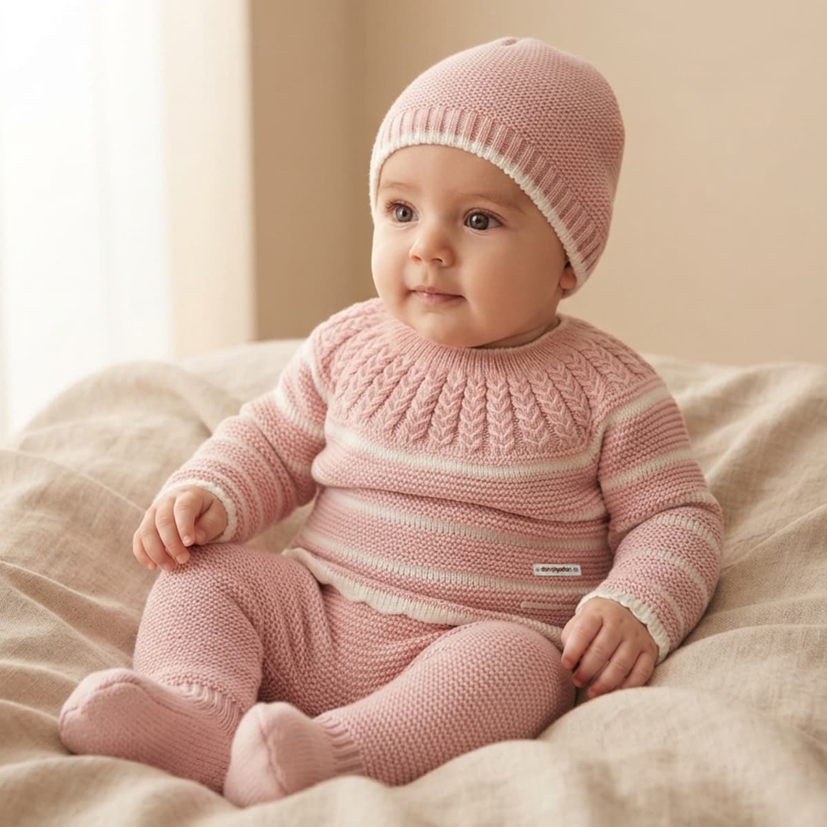 Conjunto de primera puesta de tres piezas en punto bobo rosa empolvado y blanco con cuello trenzado don algodón Referencia DAB-43G - Fabricado en España