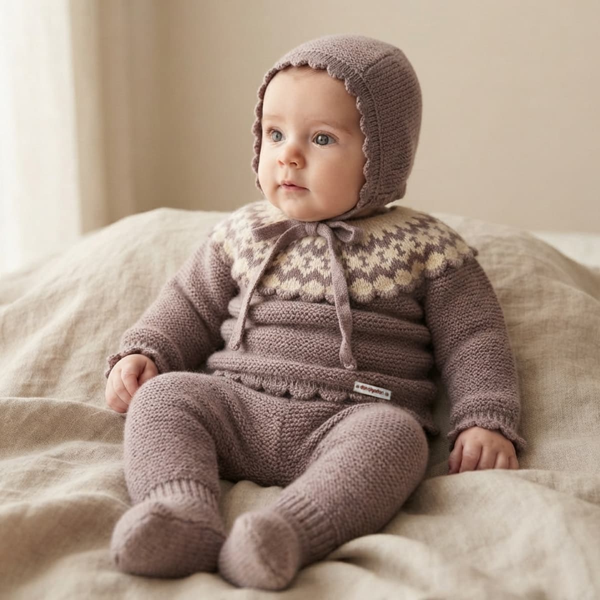 Conjunto de tres piezas para bebé en punto bobo gris y crudo con jersey de cuello labrado, polaina y gorro Don Algodón Referencia DAB-5G - Fabricado en España
