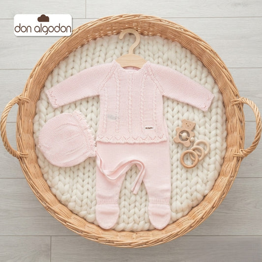 Conjunto de primera puesta rosa para bebé con capota Lana 100% acrílica Don Algodón DAB-7G