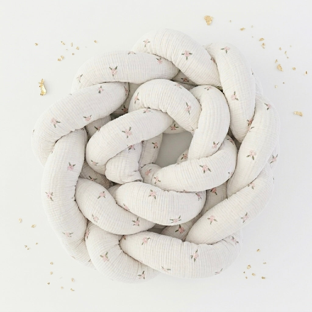 Trenza Protectora de Cuna y Cama Artesanal - Muselina Flor Bordada