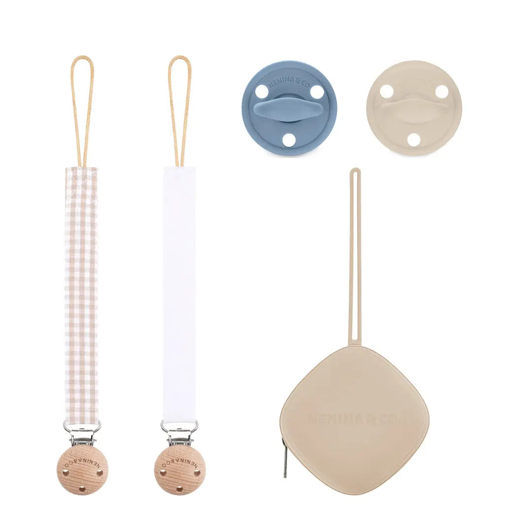 Kit 1 Guardachupete + 2 Chupeteros + 2 Chupetes Azul y Beige DIAMOND Nenina & Co