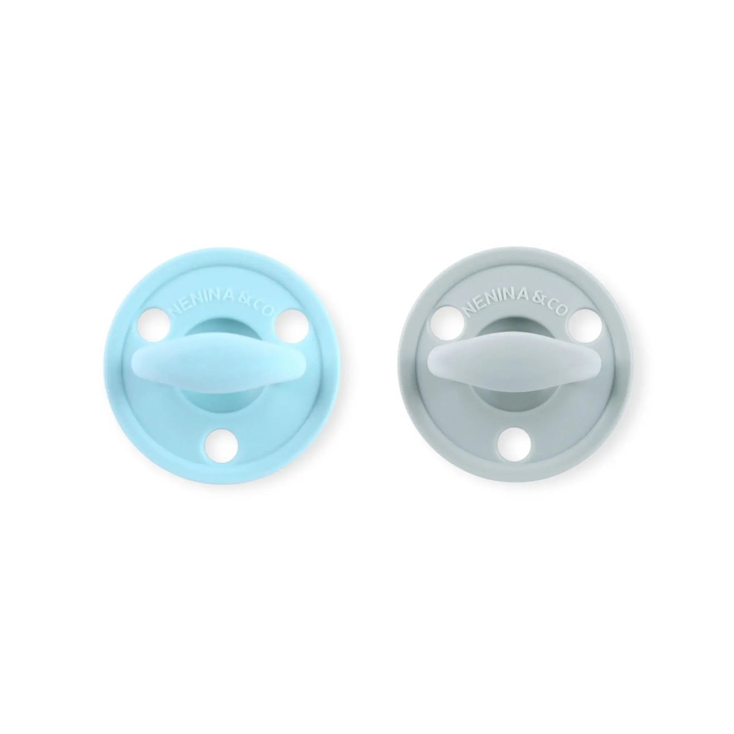 Kit 2 Chupetes Clásicos para Bebé Celeste y Gris | Silicona Orgánica Nenina & Co