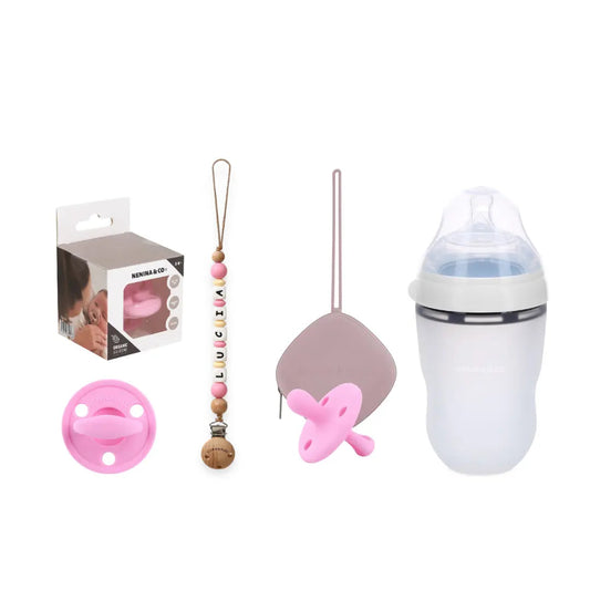 Kit Deluxe Chupete Clásico de Silicona + Chupetero Personalizado, Guardachupetes y Biberón Maternal | Nenina & Co