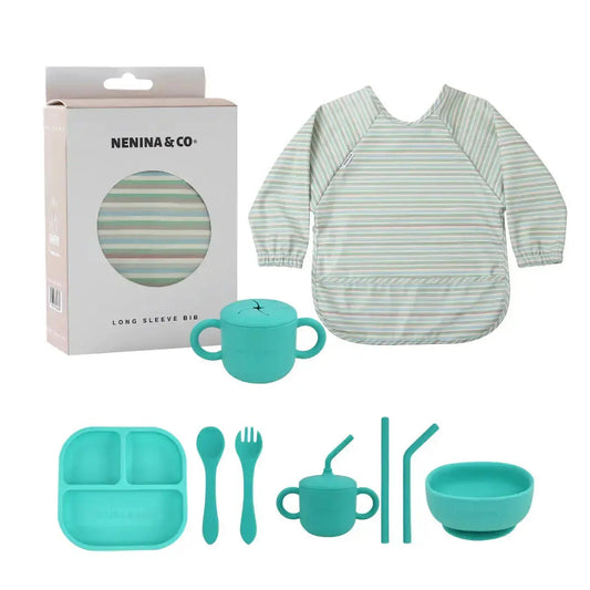 Kit Deluxe Babero + Vajilla BLW Turquesa 9 Piezas de Silicona orgánica con ventosas + Chupete Classic Breat Nenina & Co