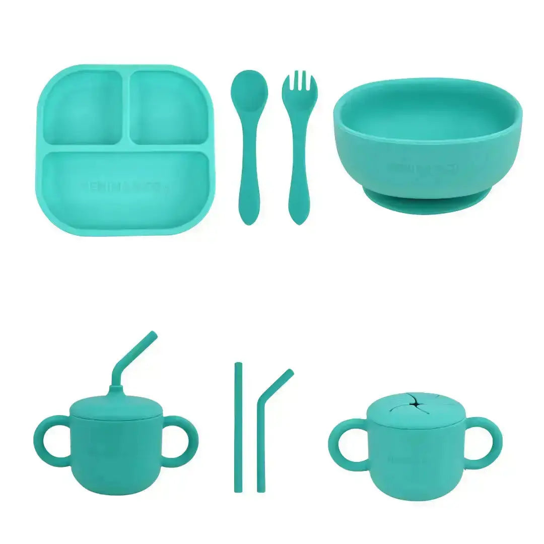 Kit Deluxe Babero + Vajilla BLW Turquesa 9 Piezas de Silicona orgánica con ventosas + Chupete Classic Breat Nenina & Co