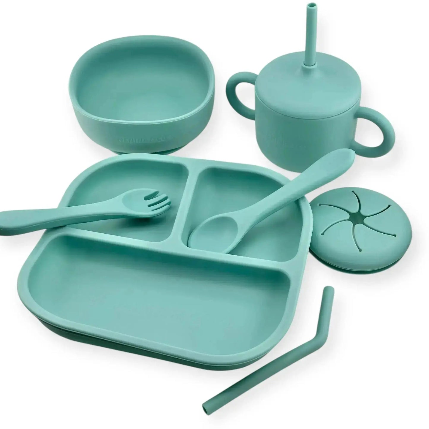 Kit Deluxe Babero + Vajilla BLW Turquesa 9 Piezas de Silicona orgánica con ventosas + Chupete Classic Breat Nenina & Co