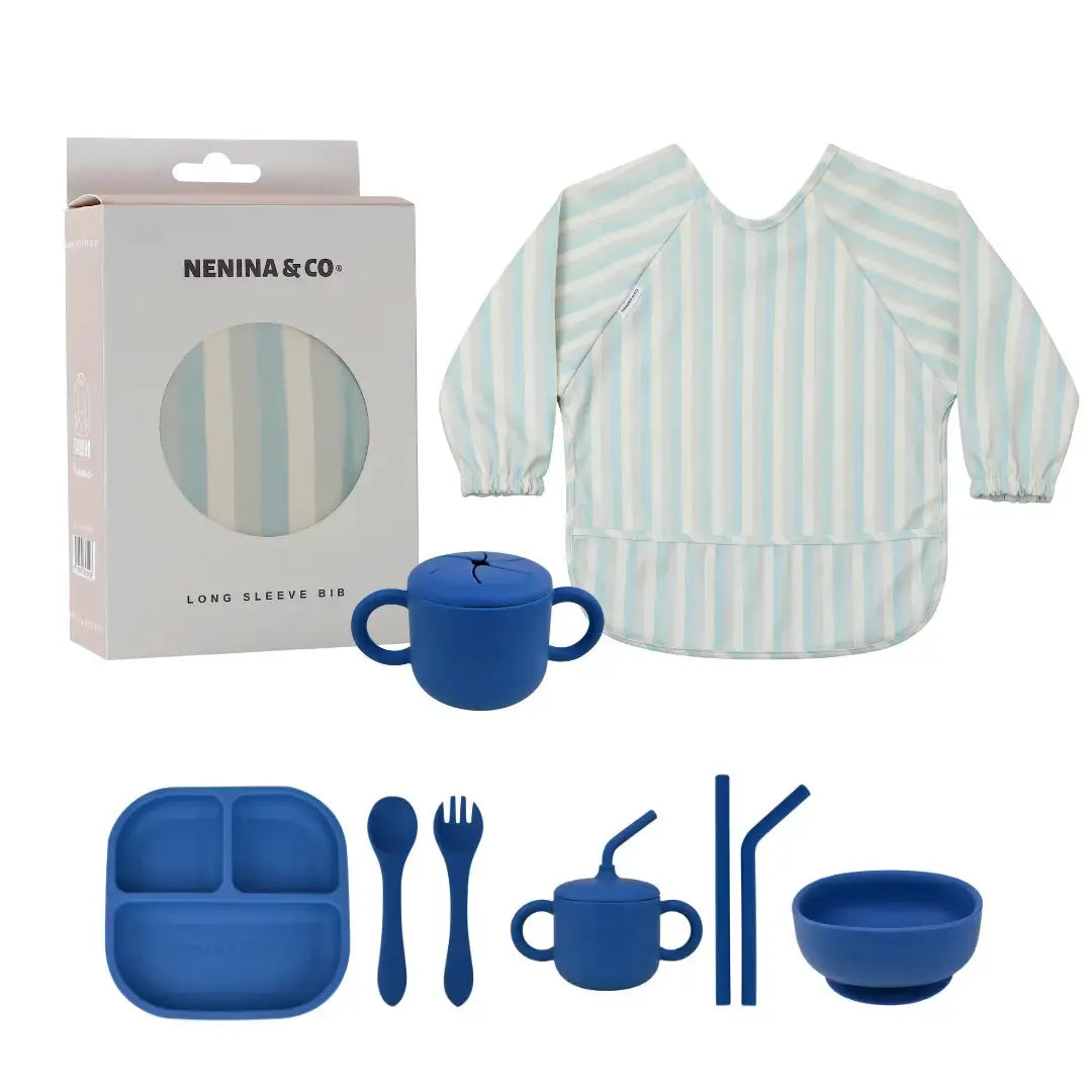 Kit Deluxe Vajilla + Babero BLW Blue 9 Piezas de Silicona orgánica con ventosas Nenina & Co