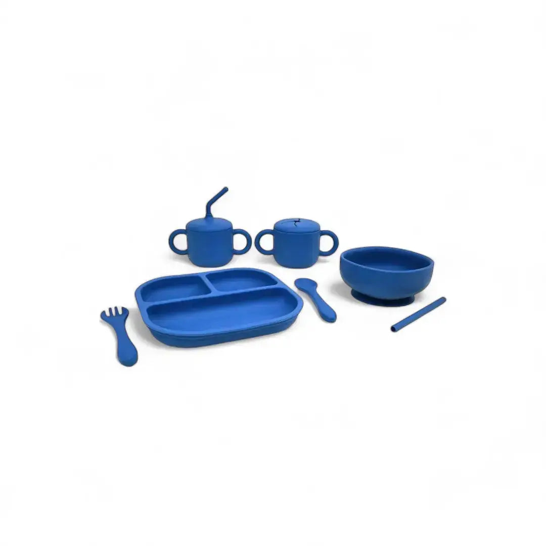 Kit Deluxe Babero + Vajilla BLW Blue 9 Piezas de Silicona orgánica con ventosas + Chupete Classic Breat Nenina & Co