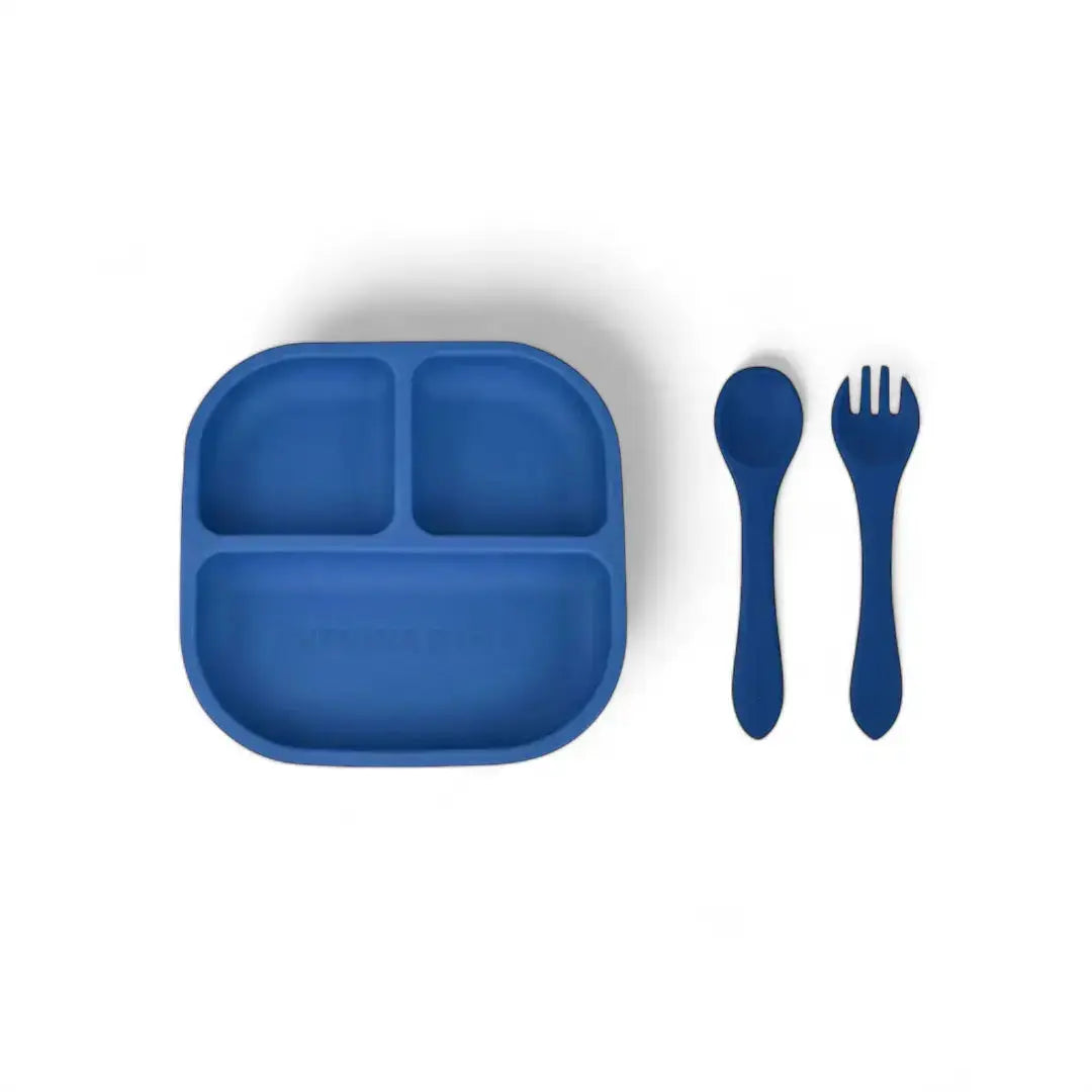 Kit Deluxe Babero + Vajilla BLW Blue 9 Piezas de Silicona orgánica con ventosas + Chupete Classic Breat Nenina & Co