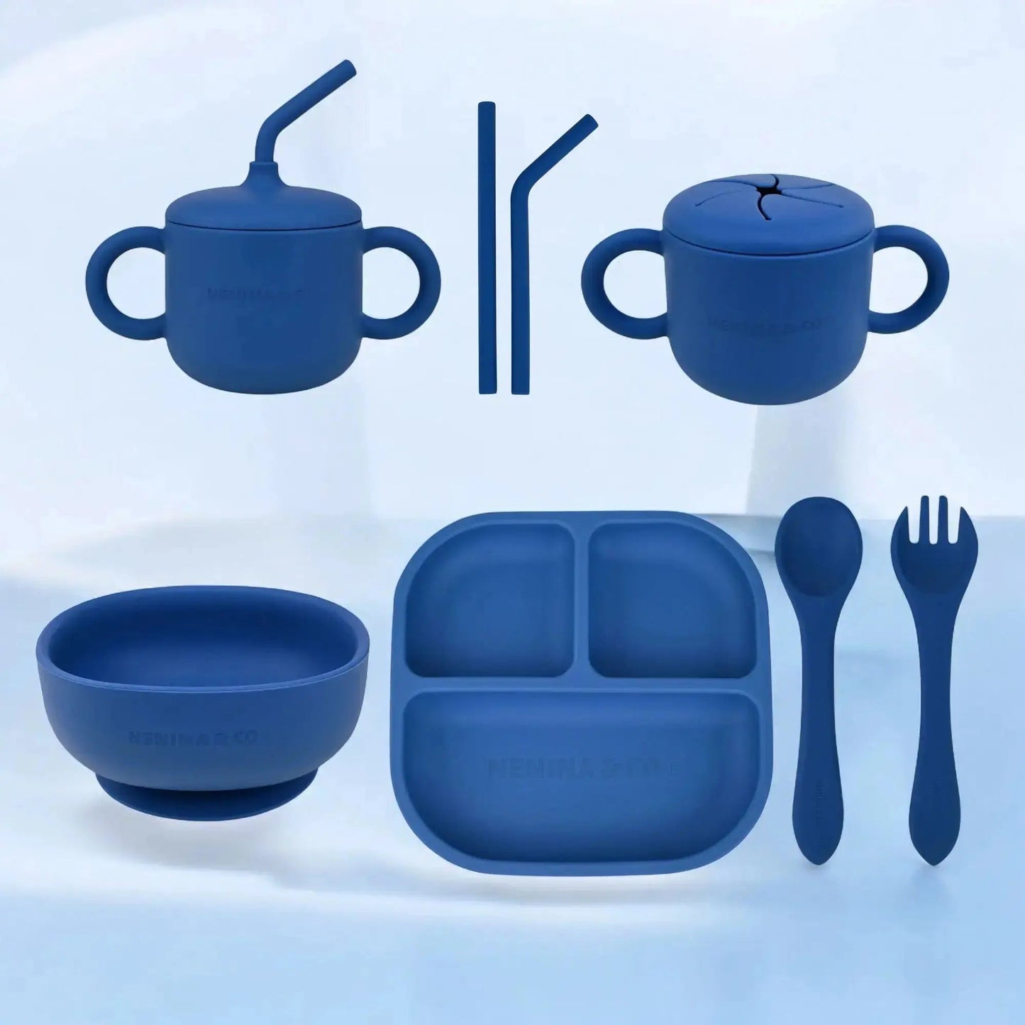 Kit Deluxe Vajilla + Babero BLW Blue 9 Piezas de Silicona orgánica con ventosas Nenina & Co
