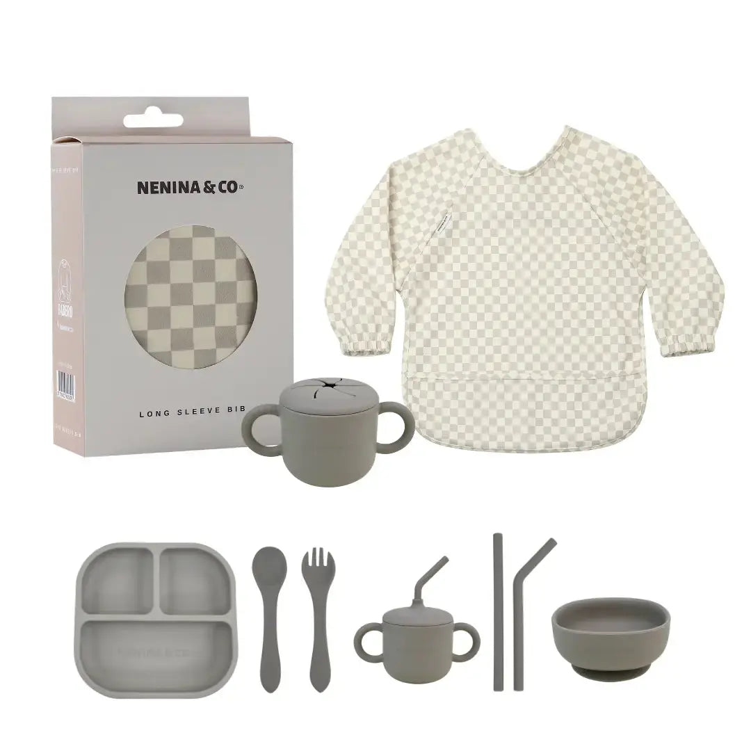 Kit Deluxe Vajilla + Babero BLW Gris 9 Piezas de Silicona orgánica con ventosas Nenina & Co