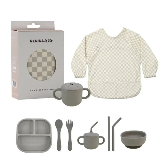 Kit Deluxe Babero + Vajilla BLW Gris 9 Piezas de Silicona orgánica con ventosas Nenina & Co