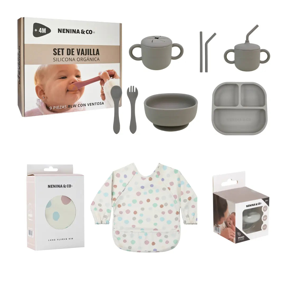 Kit Deluxe Vajilla + Babero BLW Pink 9 Piezas de Silicona orgánica con ventosas Nenina & Co
