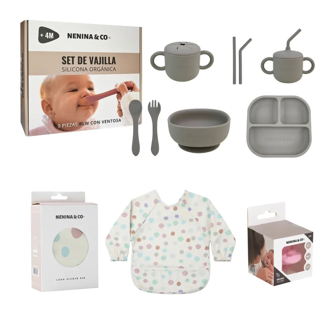 Kit Deluxe Vajilla + Babero BLW Pink 9 Piezas de Silicona orgánica con ventosas Nenina & Co