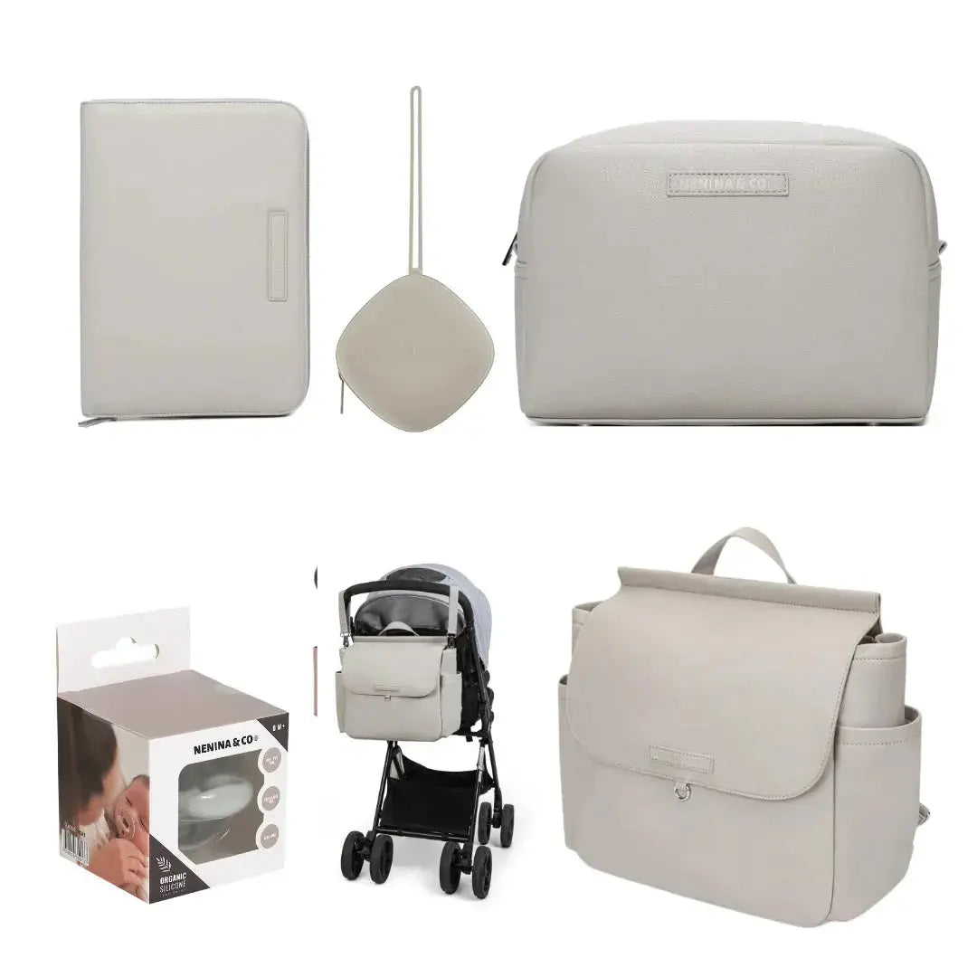 Kit Nacimiento Bebé Completo: Bolso Maternal, Cambiador, Neceser, Portadocumentos y Chupete Clásico | Nenina & Co