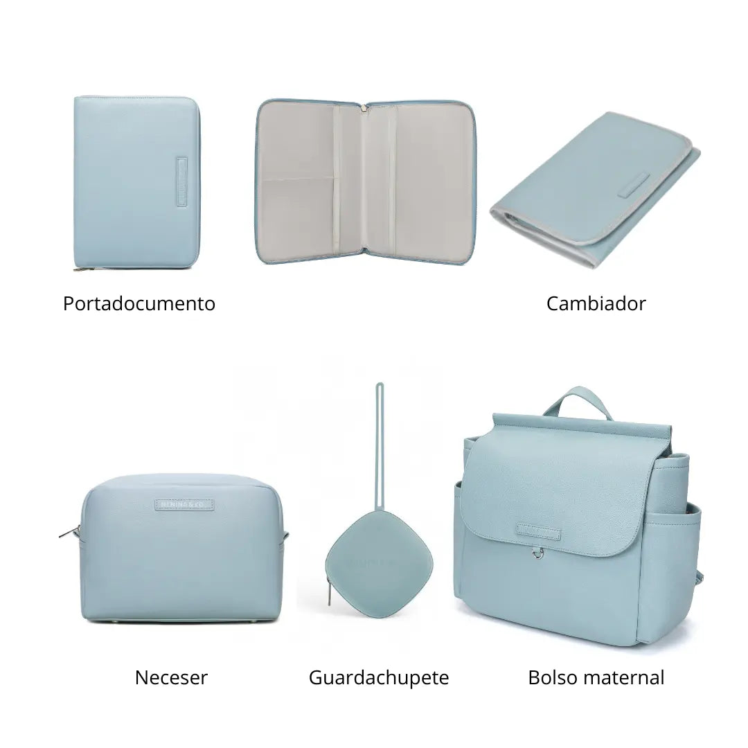 Kit Nacimiento - Bolso Maternal + Cambiador + Neceser + Portadocumento + Guardachupete Mirem By Nenina & Co