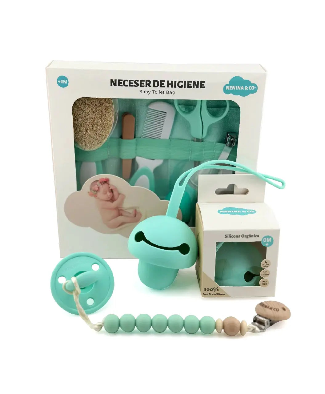 Kit Regalo ideal Neceser de Higiene + Chupete + Chupetero + Guardachupete Nenina & Co