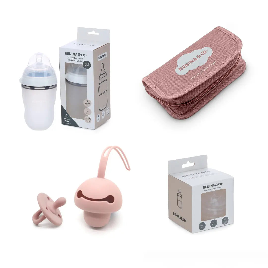Kit Regalo ideal  Set de higiene + Guardachupete + Chupete + Biberón + Repuesto de 4 tetinas Nenina & Co