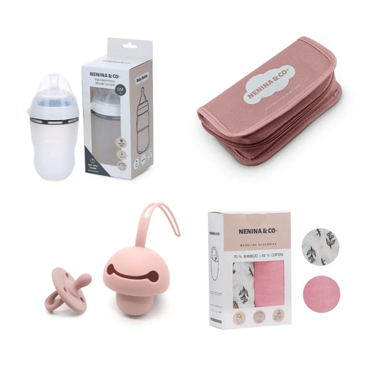 Kit Regalo ideal  Set de higiene + Guardachupete + Chupete + Biberón + Repuesto de 4 tetinas Nenina & Co