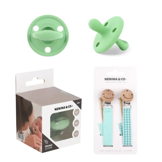 Kit Nenina & Co – Oliva| 2 Chupeteros Algodón Orgánico + 1 Chupete Clásico de Silicona