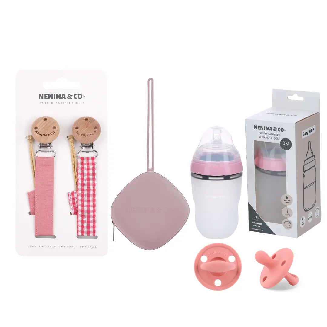 Kit de Biberón y Chupete Clásico con Chupeteros de Algodón para Bebé Recién Nacido | Nenina & Co