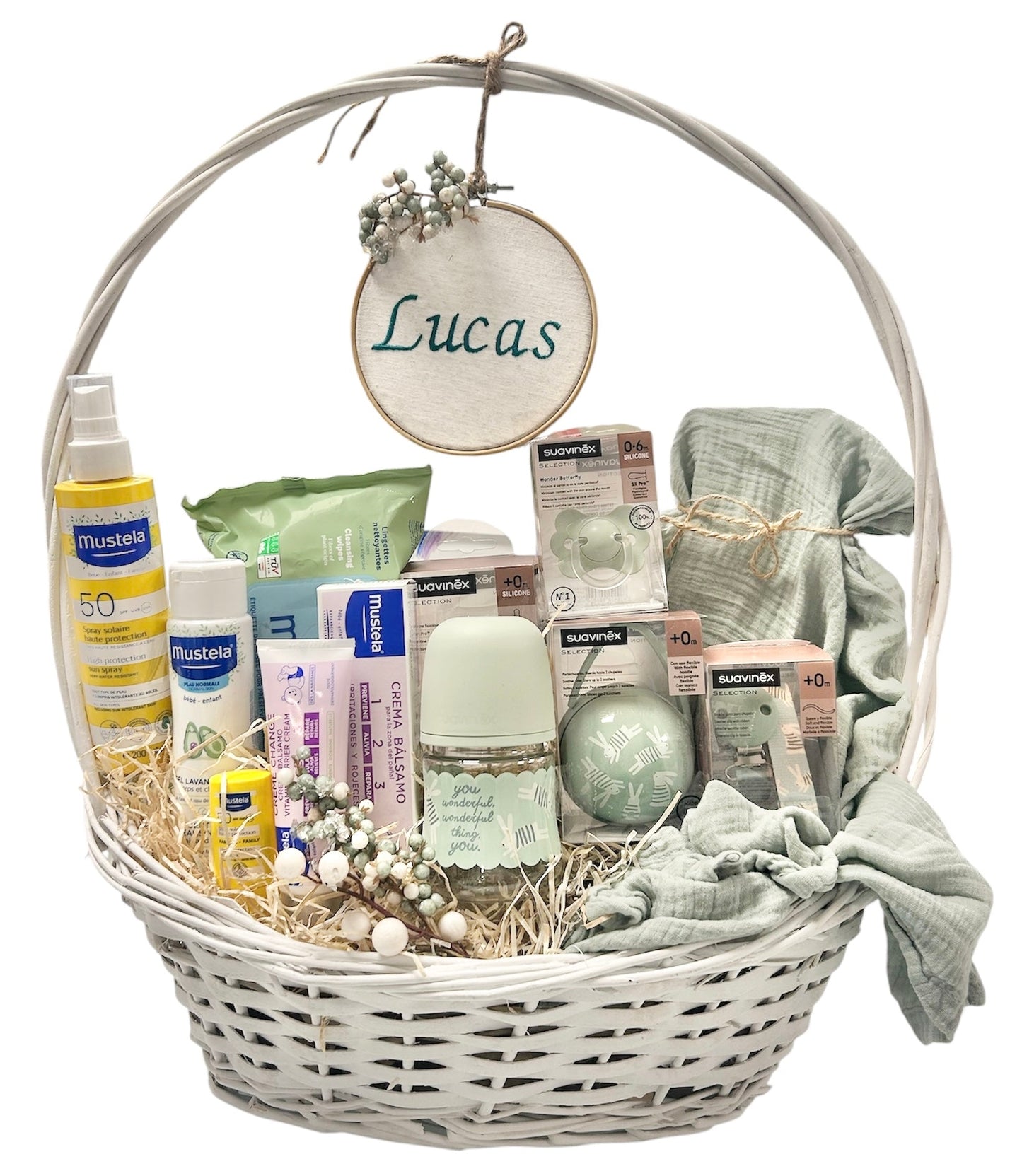 Cesta Regalo Nacimiento Bebé Sweet | Canastilla Mustela & Suavinex con Bastidor Bordado