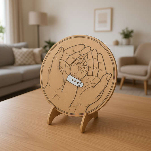 Recuerdo de nacimiento en madera – Manos de madre y bebé con pulsera hospitalaria