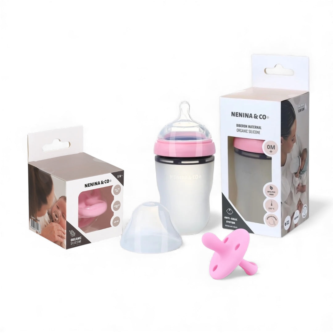 Pack Biberon flujo lento + Chupete Clásico Rosa Chicle Nenina & Co