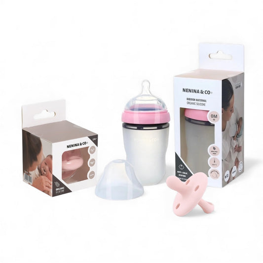 Pack Biberon flujo lento + Chupete Clásico Rosa pálido Nenina & Co