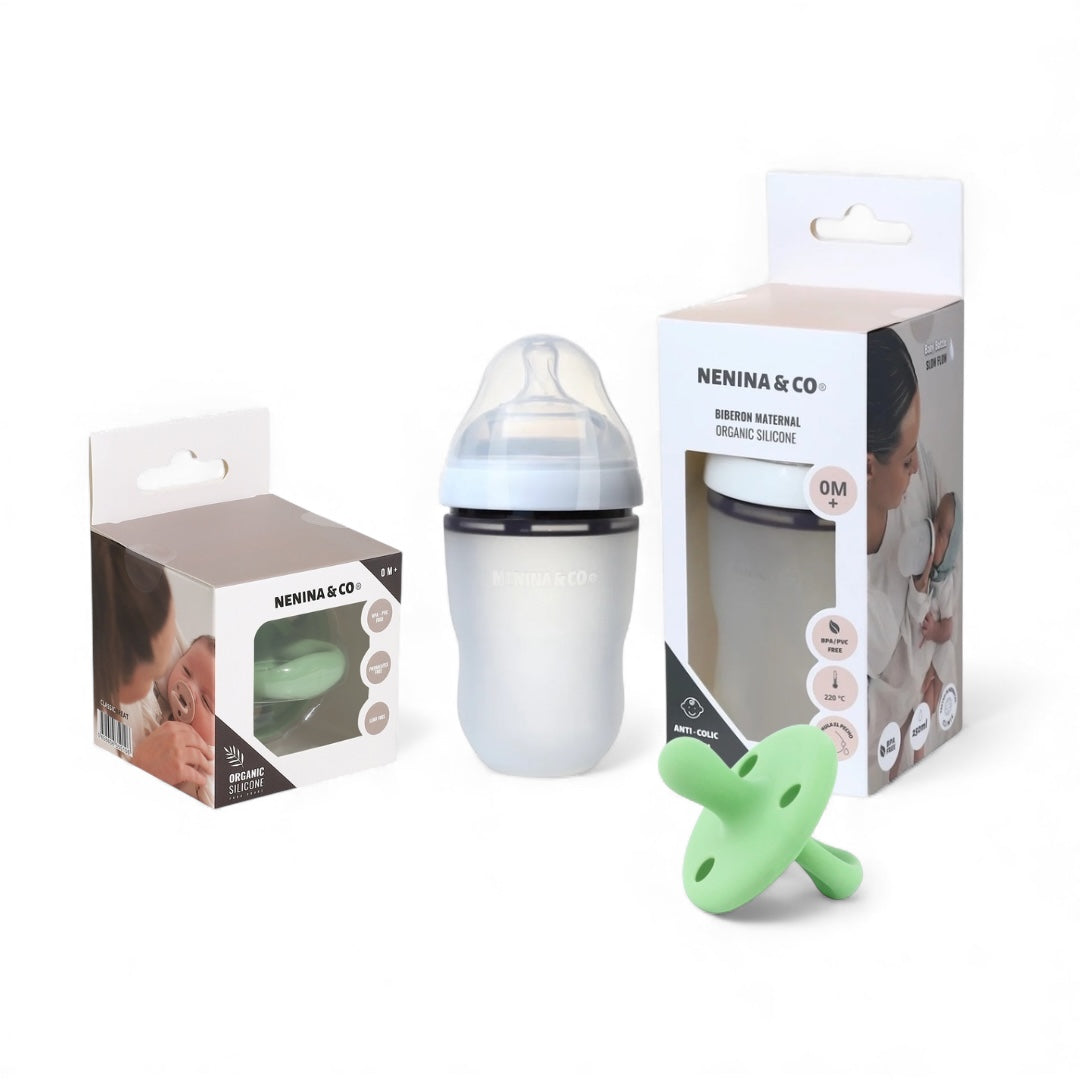 Pack Biberon Blanco flujo lento + Chupete Clásico + 2 Chupeteros de algodon orgánico Nenina & Co