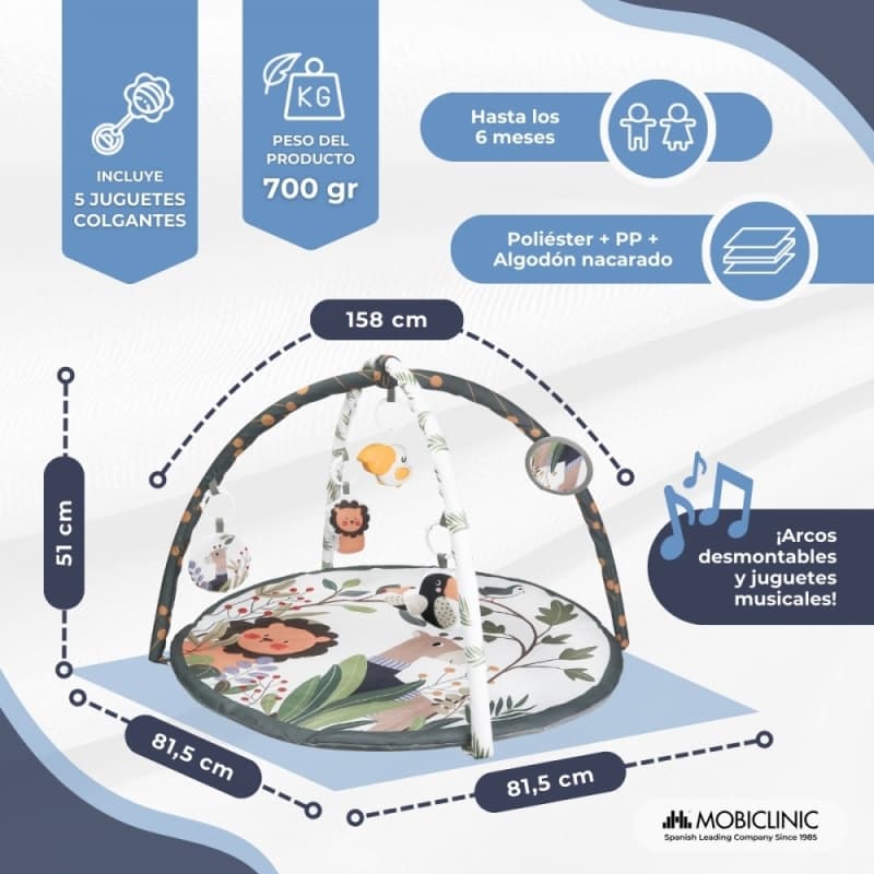 Alfombra de actividades para bebés 5 juguetes 2 arcos Desarrollo sensorial Interactivo Dreamland Gris Mobiclinic