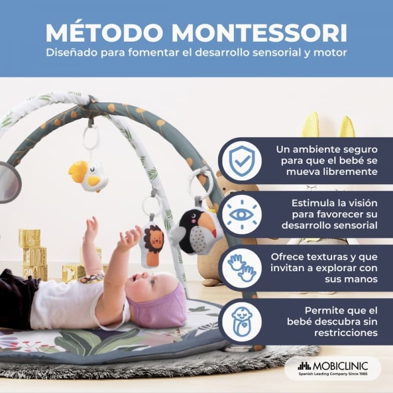 Alfombra de actividades para bebés 5 juguetes 2 arcos Desarrollo sensorial Interactivo Dreamland Gris Mobiclinic