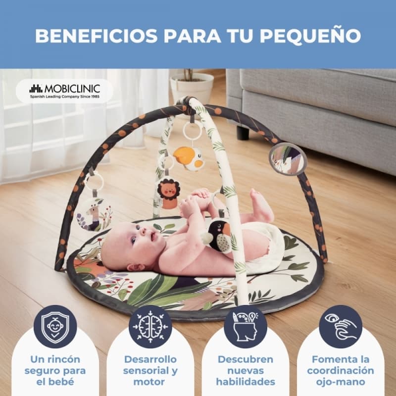 Alfombra de actividades para bebés 5 juguetes 2 arcos Desarrollo sensorial Interactivo Dreamland Gris Mobiclinic