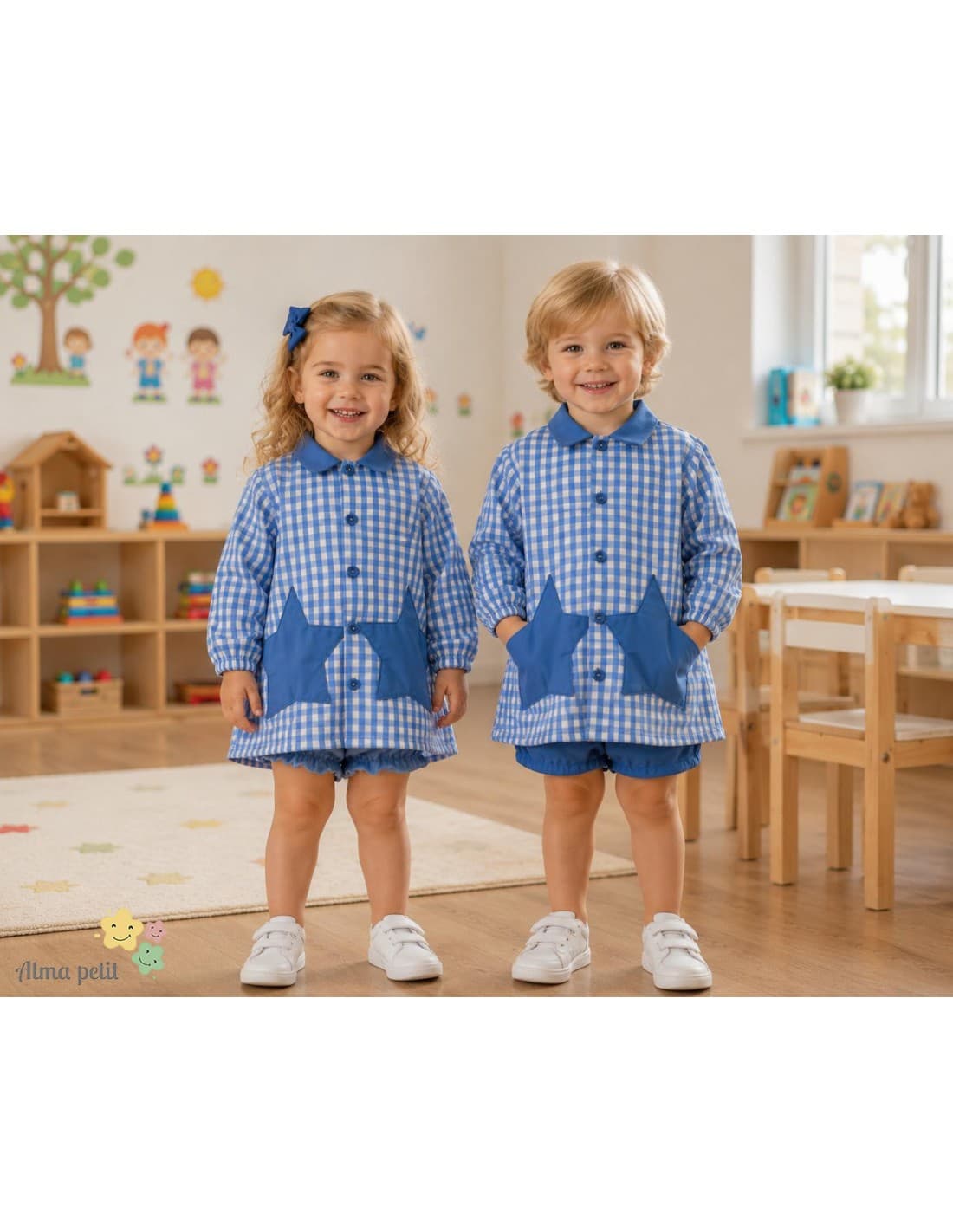 Baby escolar infantil de cuadros abierto con bolsillos estrella Alma Petit 169800607