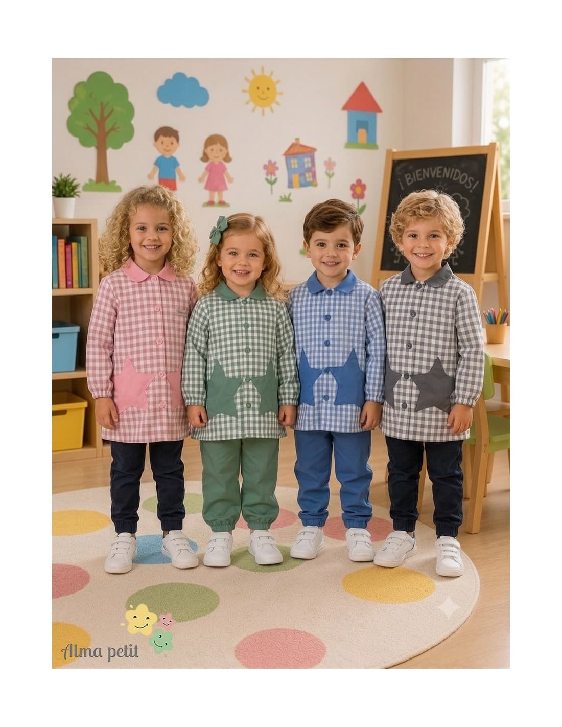 Baby escolar infantil de cuadros abierto con bolsillos estrella Alma Petit 169800607