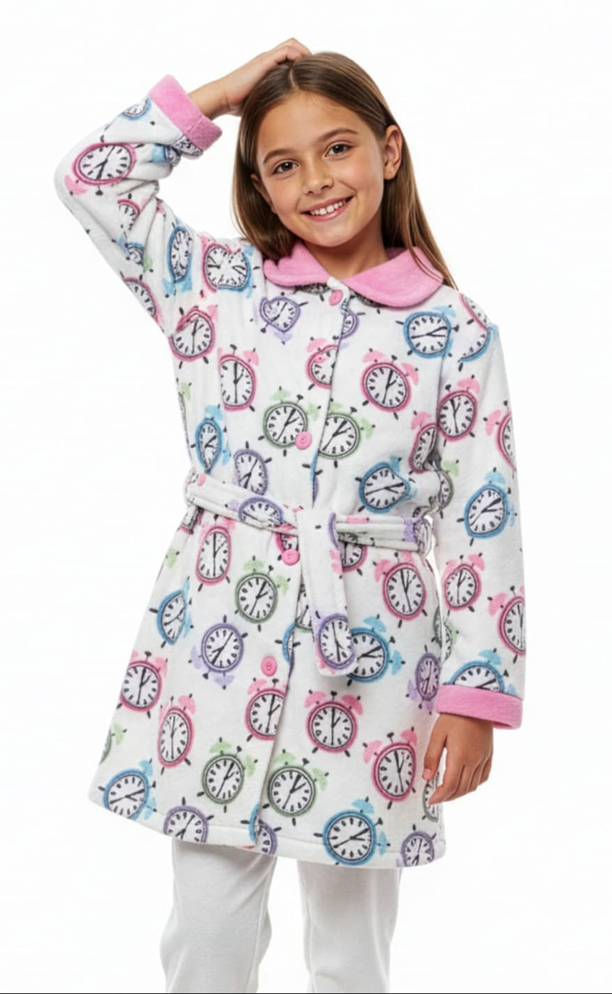 Bata infantil para niña en coralina blanca estampada con relojes multicolor y cinturón Kinanit 625708136