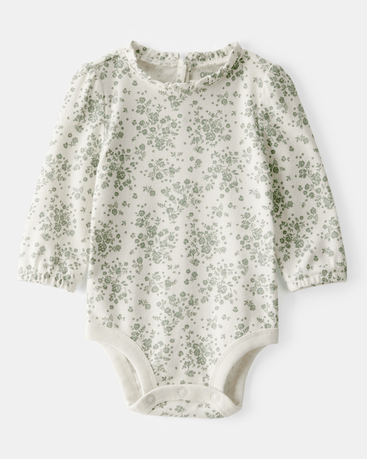 Body acanalado de manga larga floral con cuello de volantes