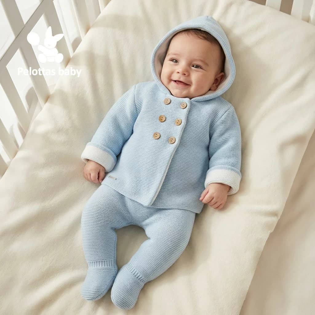 Conjunto de primera puesta en punto azul celeste con capucha y botones Pelottas C860